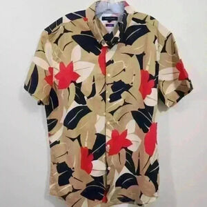 Tommy Hilfiger Scott tropical print tan blue red button down slim fit shirt